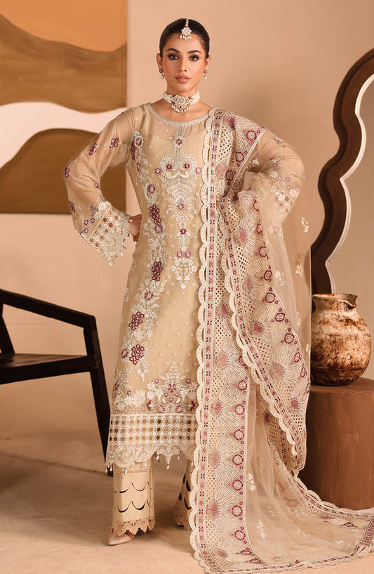 Kashish by Ramsha Luxury Embroidered Chiffon Unstitched 3 Piece Suit - RM25KSH - K-303 - Beige - Festive Collection