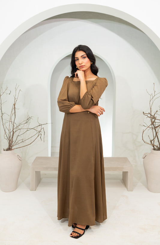 Zauk Basics Solid Printed Wrinkle-free crepe Stitched 1 Piece Dress - Khaki Long Dress - ZK25BSO - Casual Collection