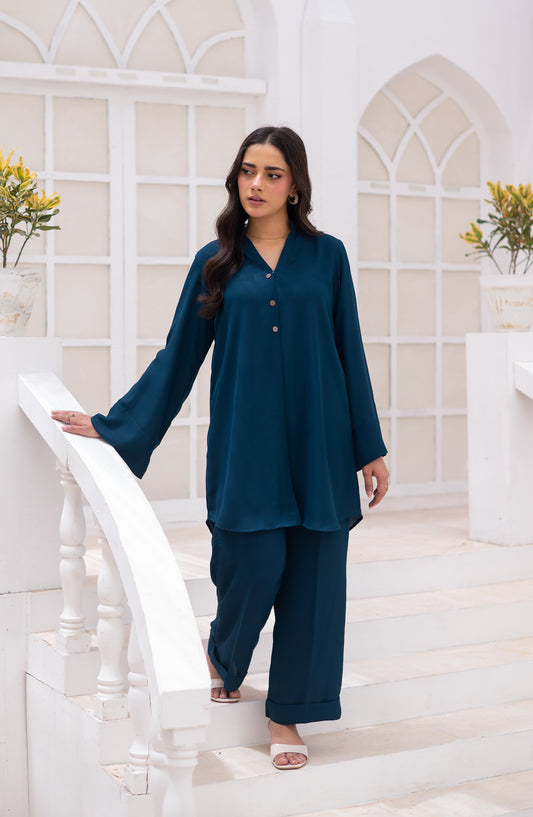 Zauk Ghazal Solid Georgette Stitched 2 Piece Co-ord Set - Teal Blue - ZK26GHL - Casual Collection