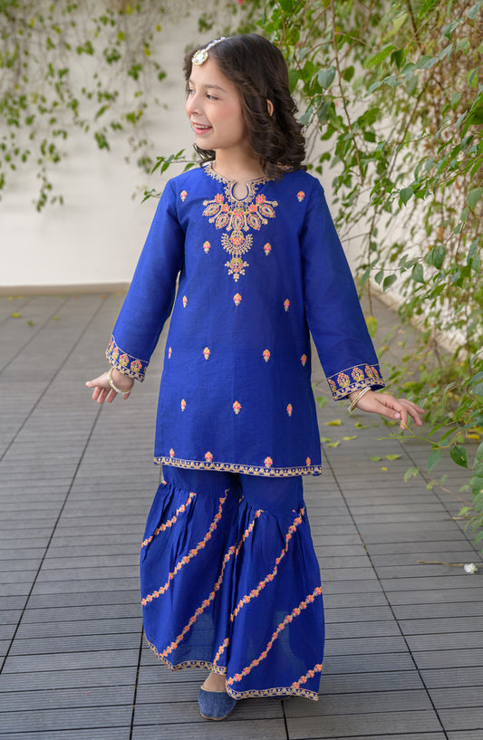 Fresh Birds Embroidered Cotton Lawn Stitched 2 Piece Suit - Zauk - FBR26FS - Royal Blue - Festive Girls Collection
