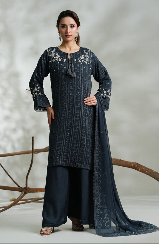Zeenat by Guzel Embroidered Chiffon Stitched 3 Piece Suit - Zamira - GUZ26ZN - Blue - Festive Collection