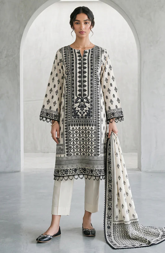 Zellbury Monochrome Printed Lawn Unstitched 3 Piece Suit - WUS26X31088 - ZB26CRM - Off White - Summer Collection