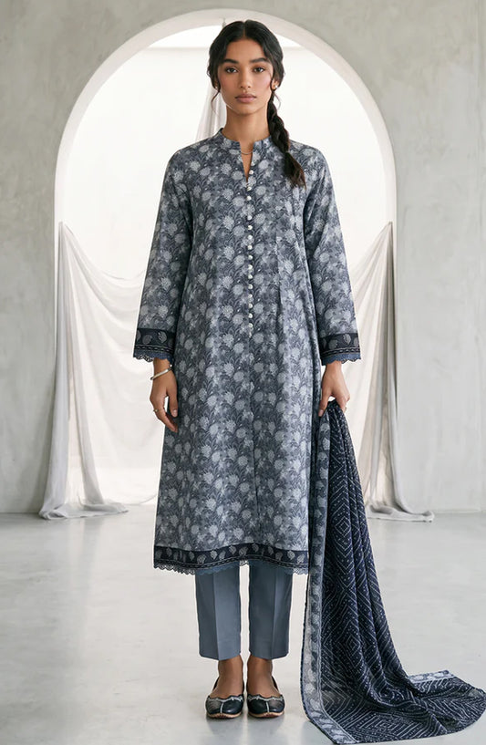 Zellbury Monochrome Printed Lawn Unstitched 3 Piece Suit - WUS26X31078 - ZB26CRM - Blue - Summer Collection