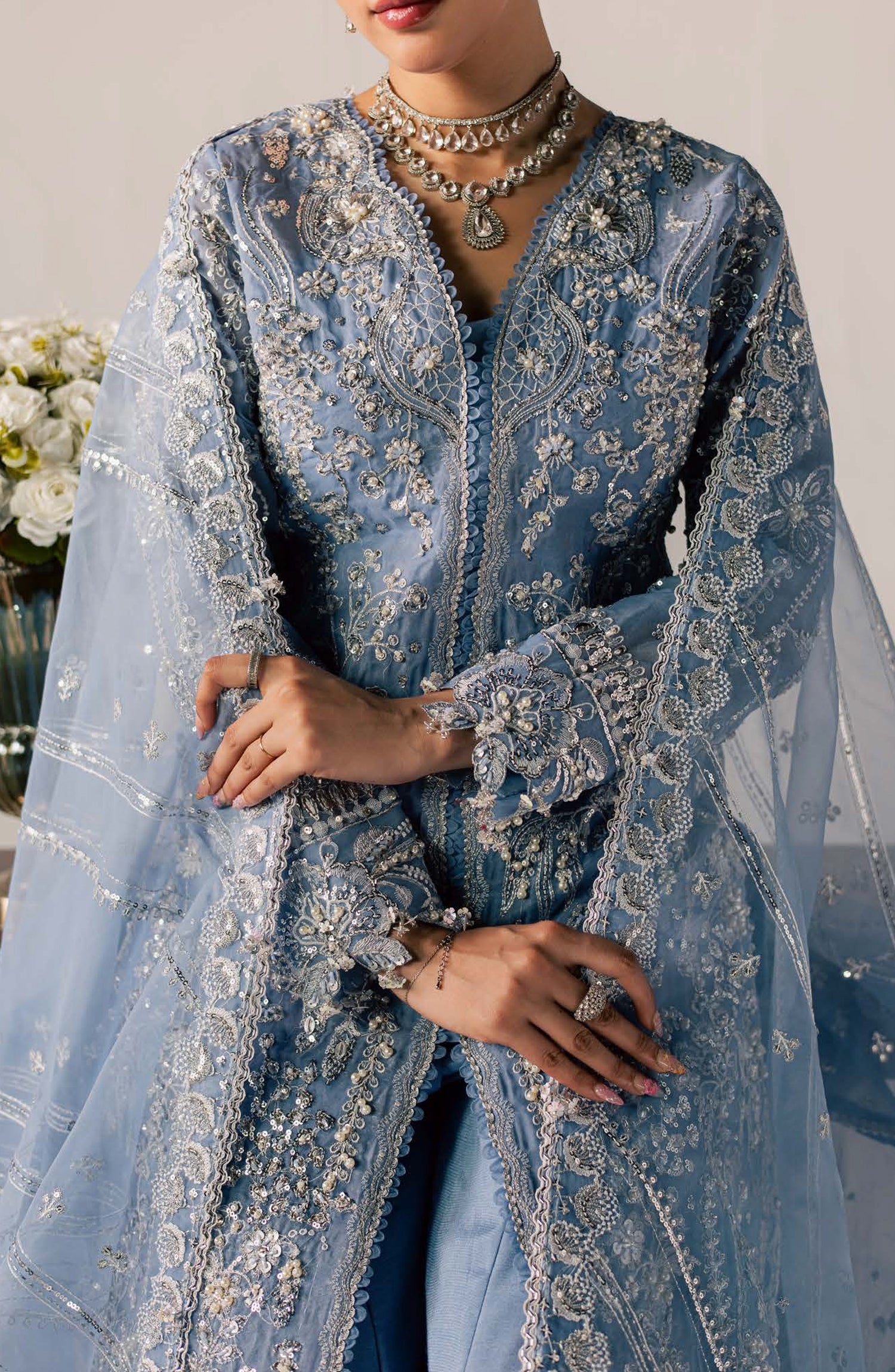 Zeynor Luxury Embroidered Organza Unstitched 3 Piece Suit - D3-Serpentine - ZN26WD - Blue - Wedding Collection