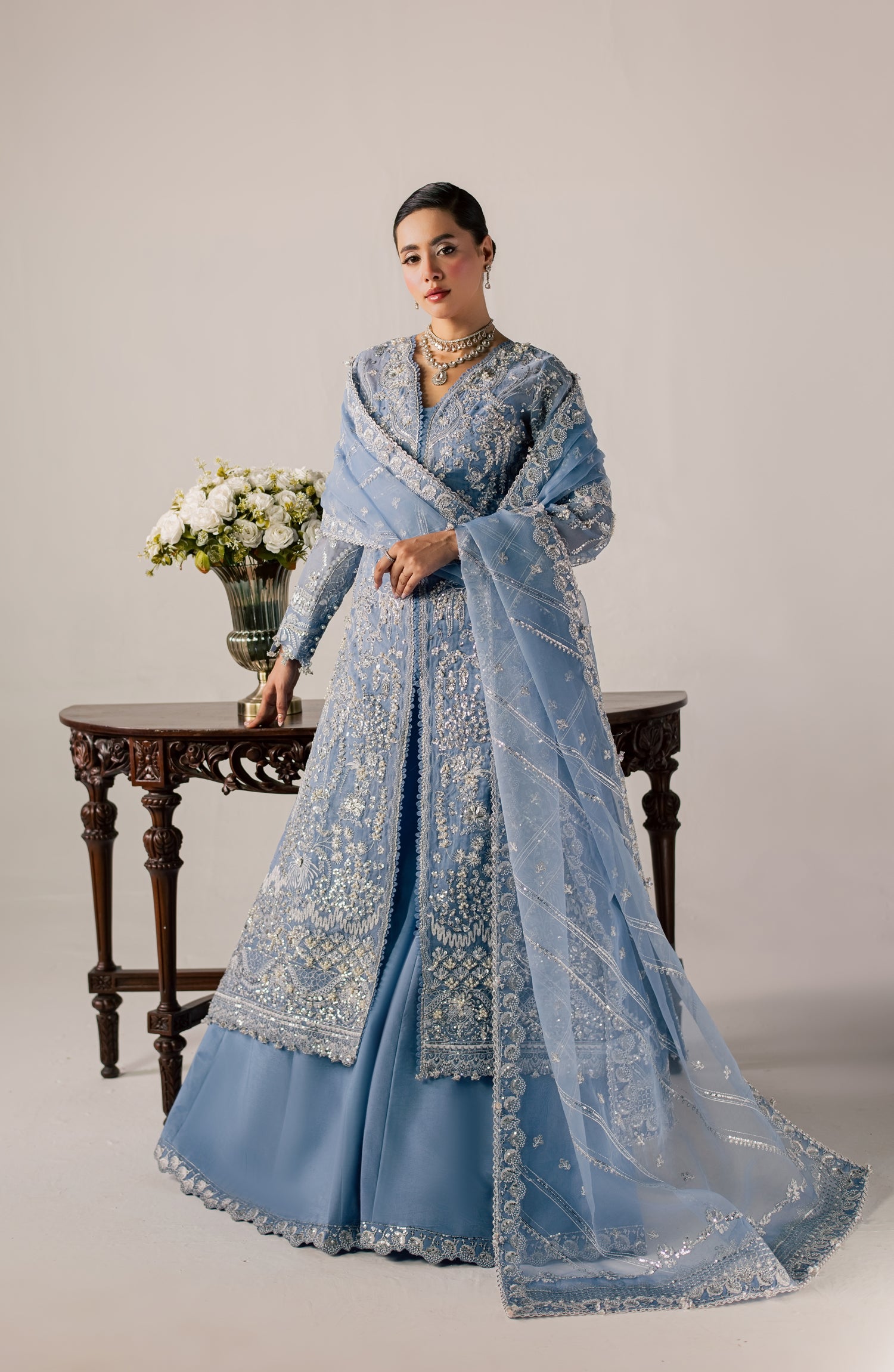 Zeynor Luxury Embroidered Organza Unstitched 3 Piece Suit - D3-Serpentine - ZN26WD - Blue - Wedding Collection