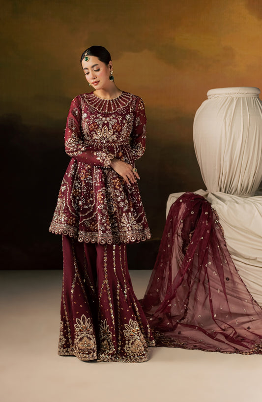 Zeynor Luxury Embroidered Organza Unstitched 3 Piece Suit - D6-Spinel - ZN26WD - Maroon - Wedding Collection