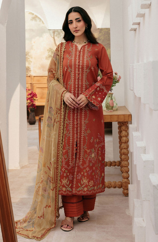 Zync by Florent Luxury Embroidered Lawn Unstitched 3 Piece Suit - FZ-6B - FL26ZN - Rust - Summer Collection