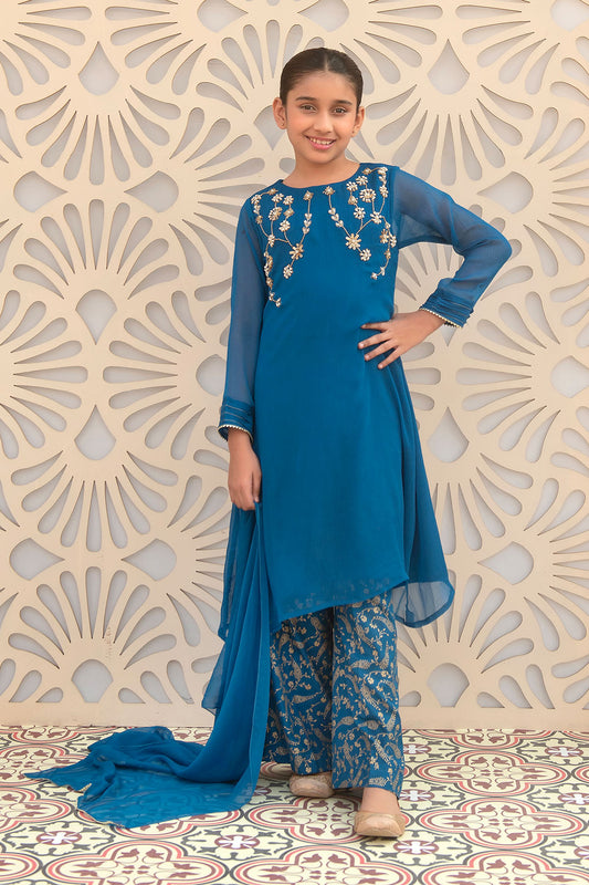 Ochre Festive Wear Chiffon Stitched 3 Piece - AC-60 - - Blue - Girls Collection