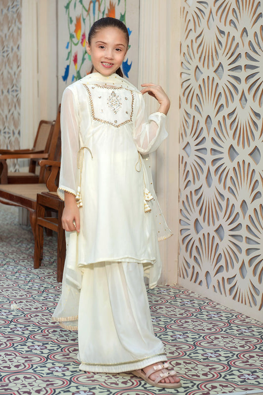Ochre Festive Wear Chiffon Stitched 3 Piece - AC-62 - White - Girls Collection