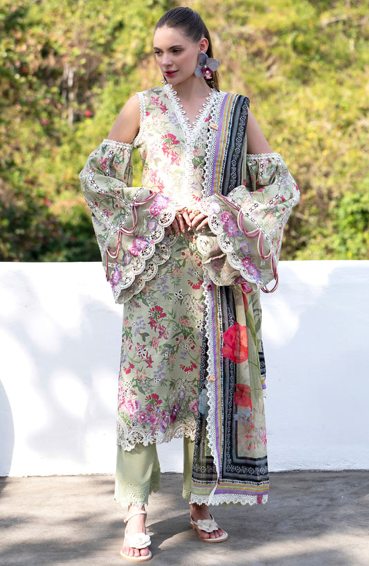 AJR Embroidered Lawn Unstitched 3 Piece Suit - AJR-PK-12 Pink Petal - AJR25PK - Green - Summer Collection