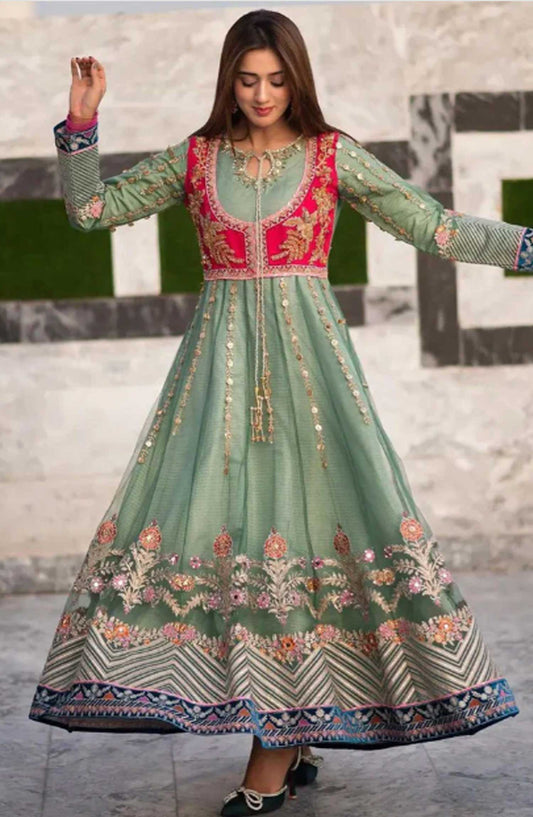 Allys Embroidered Net Stitched 3 Piece - Al-3285 - Green - Festive Collection