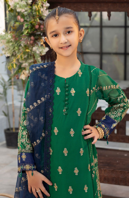 Noor by Allys Embroidered Chiffon Stitched 3 Piece - AL-3848 - AL25N - Dark Green - Formal Kids Collection