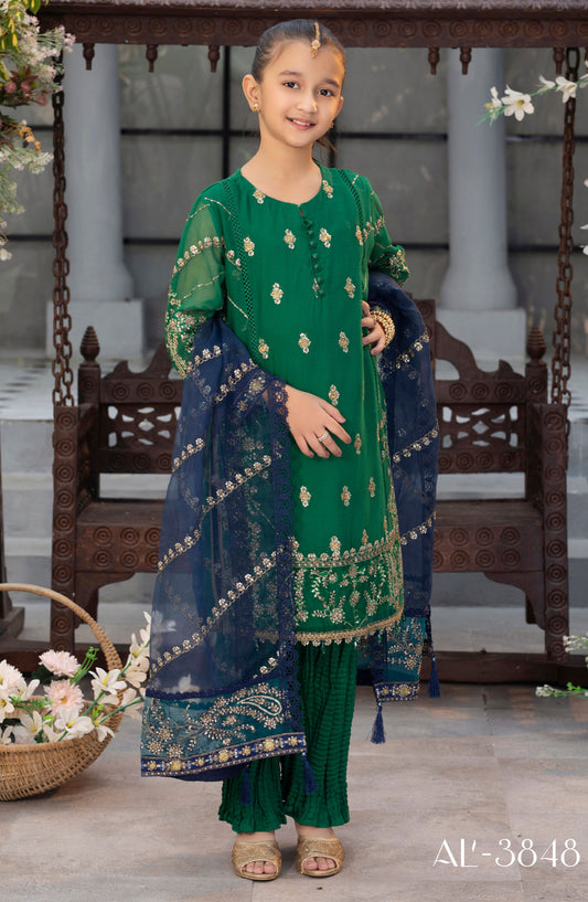 Noor by Allys Embroidered Chiffon Stitched 3 Piece - AL-3848 - AL25N - Dark Green - Formal Kids Collection