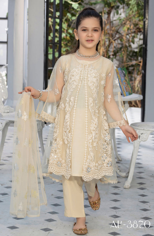 Noor by Allys Embroidered Net Stitched 3 Piece - AL-3870 - AL25N - Off White - Formal Kids Collection