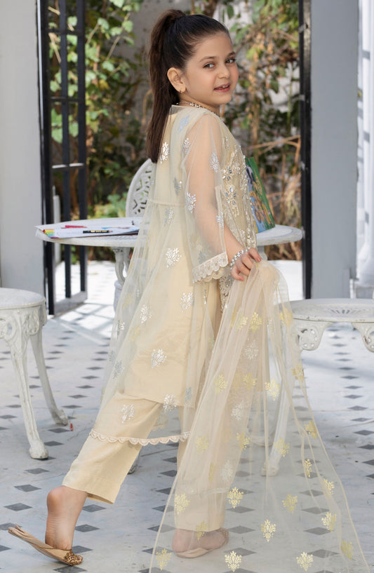 Noor by Allys Embroidered Net Stitched 3 Piece - AL-3870 - AL25N - Off White - Formal Kids Collection