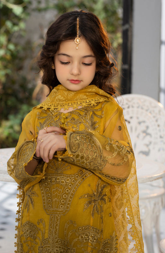 Noor by Allys Embroidered Organza Stitched 3 Piece - AL-3984 - AL25N - Dusty Mustard - Formal Kids Collection