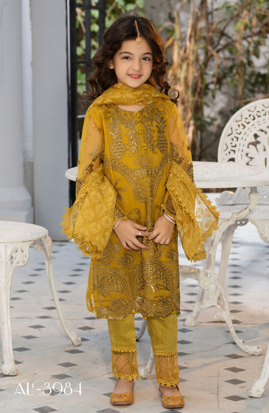 Noor by Allys Embroidered Organza Stitched 3 Piece - AL-3984 - AL25N - Dusty Mustard - Formal Kids Collection