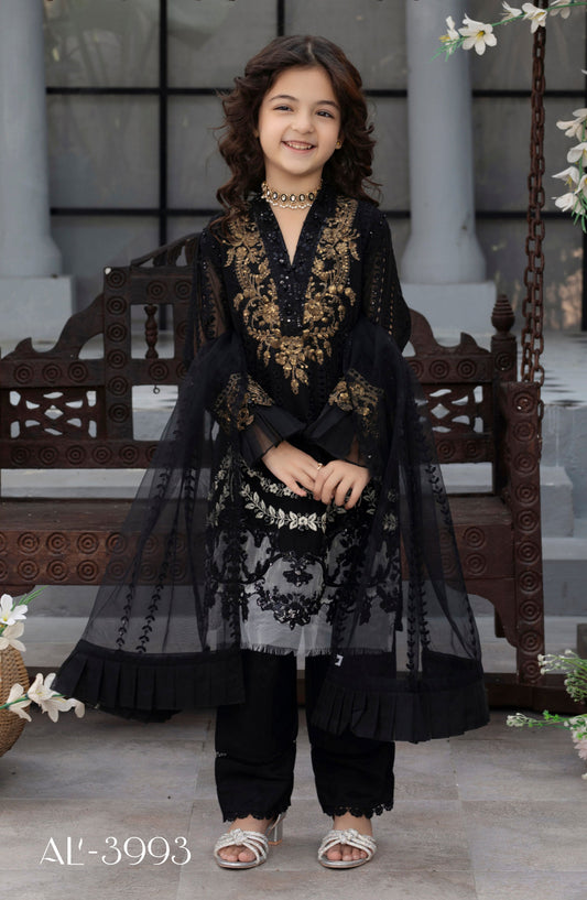 Noor by Allys Embroidered Chiffon Stitched 3 Piece - AL-3993 - AL25N - Black - Formal Kids Collection