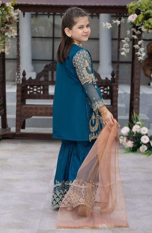 Noor by Allys Embroidered Raw Silk Stitched 3 Piece - AL-4033 - AL25N - Blue - Formal Kids Collection