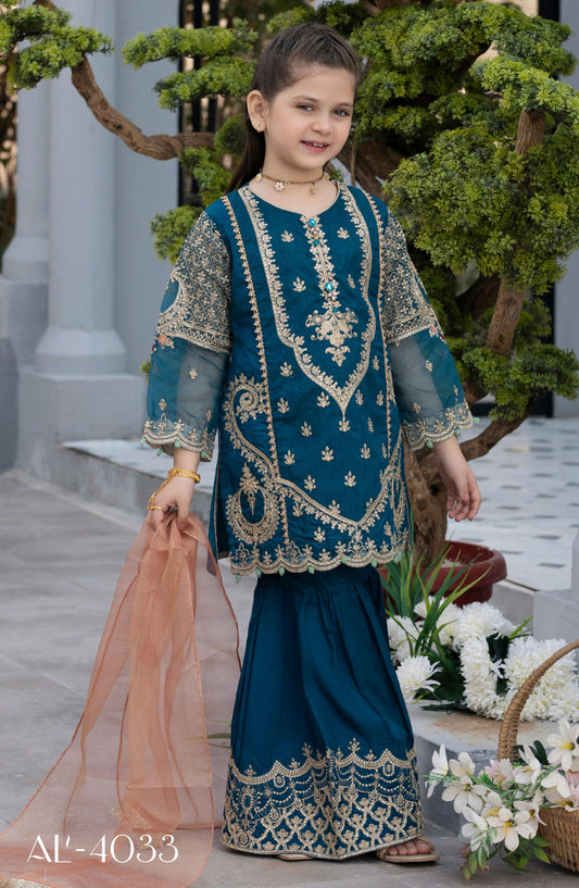 Noor by Allys Embroidered Raw Silk Stitched 3 Piece - AL-4033 - AL25N - Blue - Formal Kids Collection
