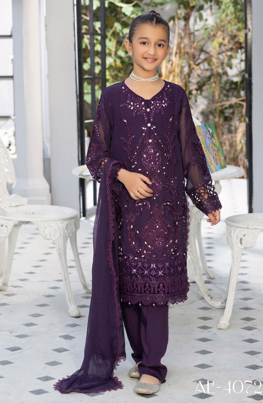 Noor by Allys Embroidered Chiffon Stitched 3 Piece - AL-4072 - AL25N - Purple - Formal Kids Collection