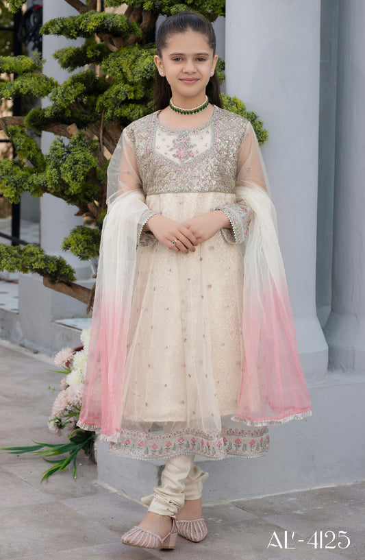 Noor by Allys Embroidered Net Stitched 3 Piece - AL-4125 - AL25N - White - Formal Kids Collection