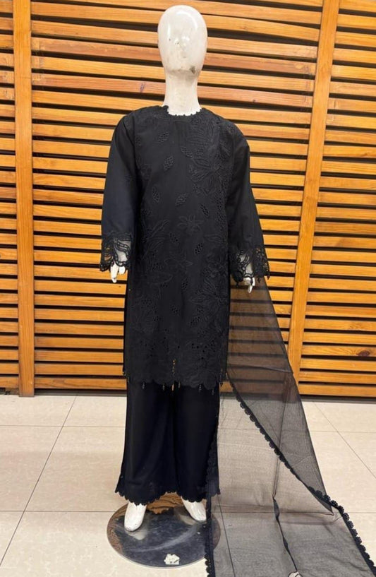 Allys Embroidered Cotton Stitched 3 Piece Suit - D-01 Black - ALL25KFC - Black - Festive Girls Collection