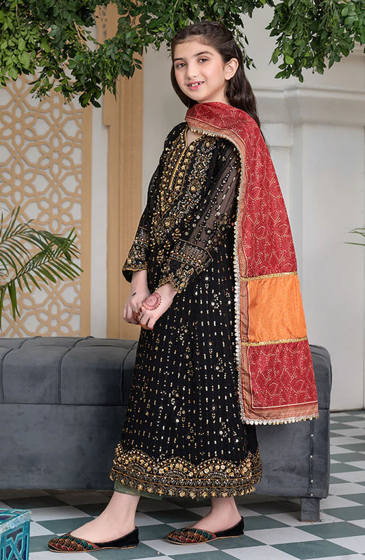 Allys Embroidered Chiffon Stitched 3 Piece Suit - AL-3864-kids - ALL25KFC - Black - Festive Girls Collection