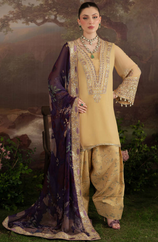 Amaya by Nureh Embroidered Chiffon Unstitched 4 Piece Suit - AM-14 - NU25ALC - Mustard - Wedding Collection
