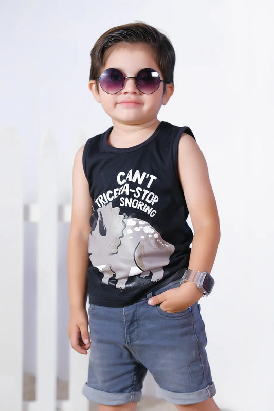 Can't Tricera Stop Snoring Printed Sandos For Boys - Black