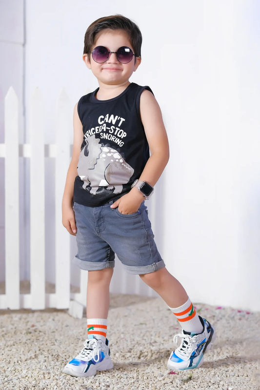 Can't Tricera Stop Snoring Printed Sandos For Boys - Black