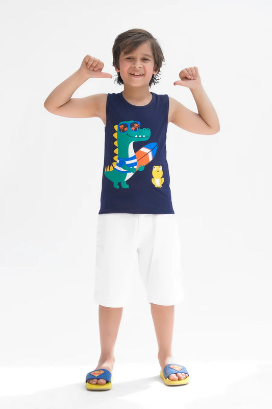 Crocodile Going For Sup Printed Sandos For Boys - Navy