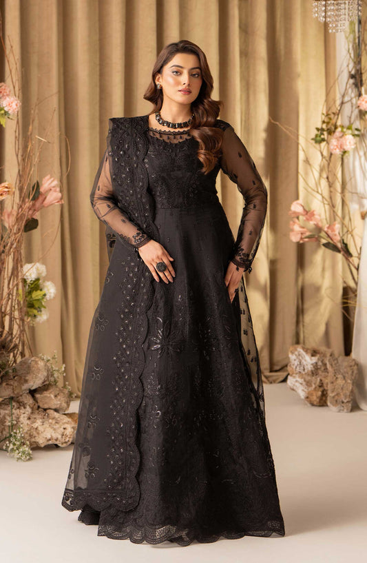 Humdum Creations Embroidered Organza Unstitched 4 Piece - Article 15 - Black - HC25C - Festive Collection