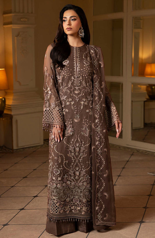 Ashnai by Lavish Premium Embroidered Chiffon Unstitched 3 Piece Suit - ASH-08 Mocha Bloom - LVP25ASH - Brown - Festive Collection