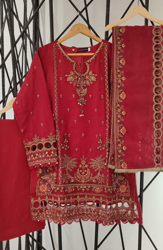 Sadabahar Embroidered Organza Stitched 3 Piece Suit - B22 A - SD25EOF - Red - Festive Collection