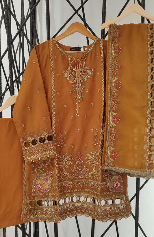 Sadabahar Embroidered Organza Stitched 3 Piece Suit - B22 B - SD25EOF - Mustard - Festive Collection