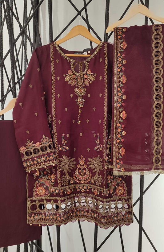 Sadabahar Embroidered Organza Stitched 3 Piece Suit - B22 C - SD25EOF - Purple - Festive Collection