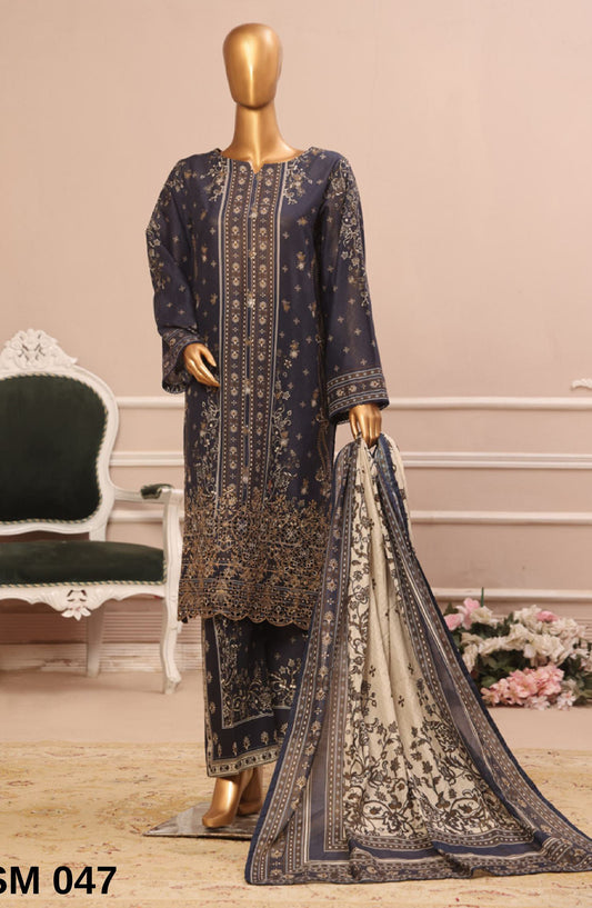 Bin Saeed Embroidered Lawn Stitched 3 Piece Suit - SM-047 - BS25EKR - Blue - Summer Collection