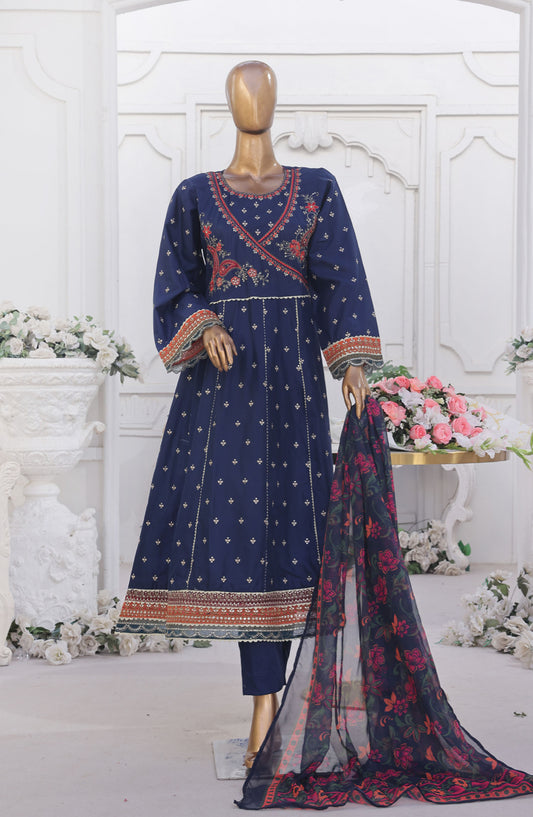 Bin Saeed Embroidered Cotton Stitched 3 Piece Frock - D-07 - BS25EEF - Blue - Festive Collection