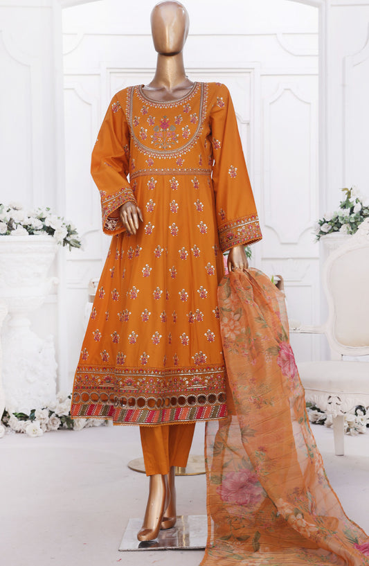 Bin Saeed Embroidered Cotton Stitched 3 Piece Frock - D-06 - BS25EEF - Orange - Festive Collection