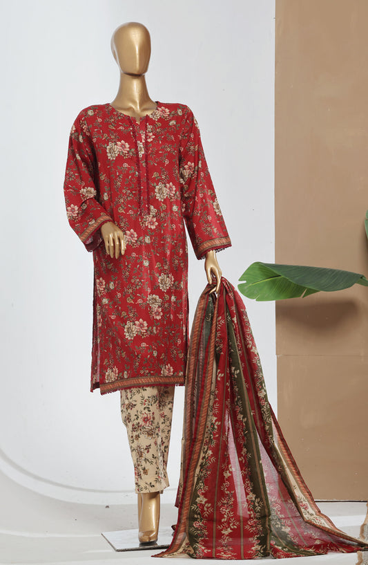 Bin Saeed Printed Lawn Stitched 3 Piece Suit - D-14 - BS25EPLV8 - Red - Summer Collection
