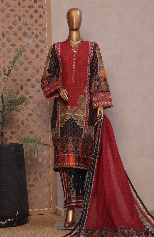 Bin Saeed Embroidered Lawn Stitched 3 Piece Suit - D-12 - BS25REL - Red - Summer Collection