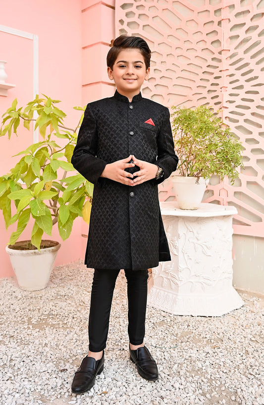 Exclusive Sherwani Collection By Hassan Jee - Black Jamawar Sherwani - S9