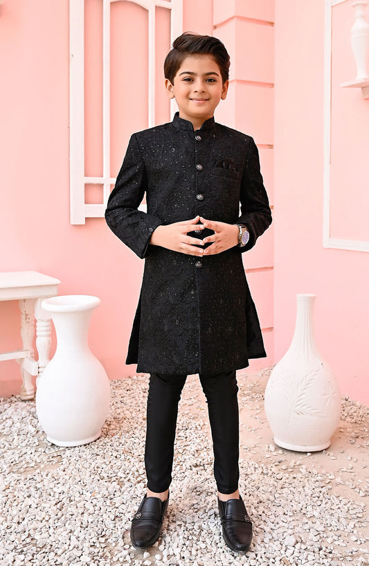 Exclusive Sherwani Collection By Hassan Jee - Black Mysore Sequence Sherwani - S11