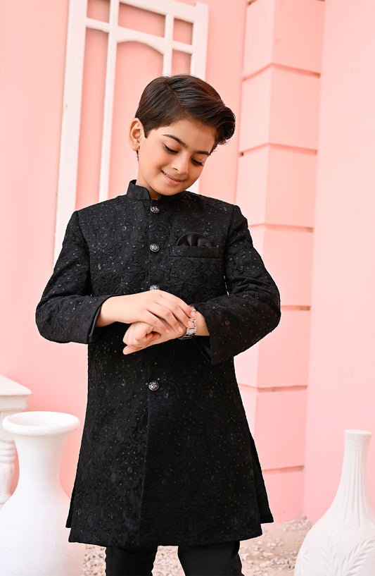 Exclusive Sherwani Collection By Hassan Jee - Black Mysore Sequence Sherwani - S11