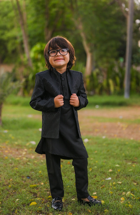 Exclusive Prince Coat Collection By Hassan Jee - Black Open Prince coat - p19