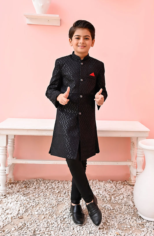 Exclusive Sherwani Collection By Hassan Jee - Black Sequence Zigzag Sherwani - S7