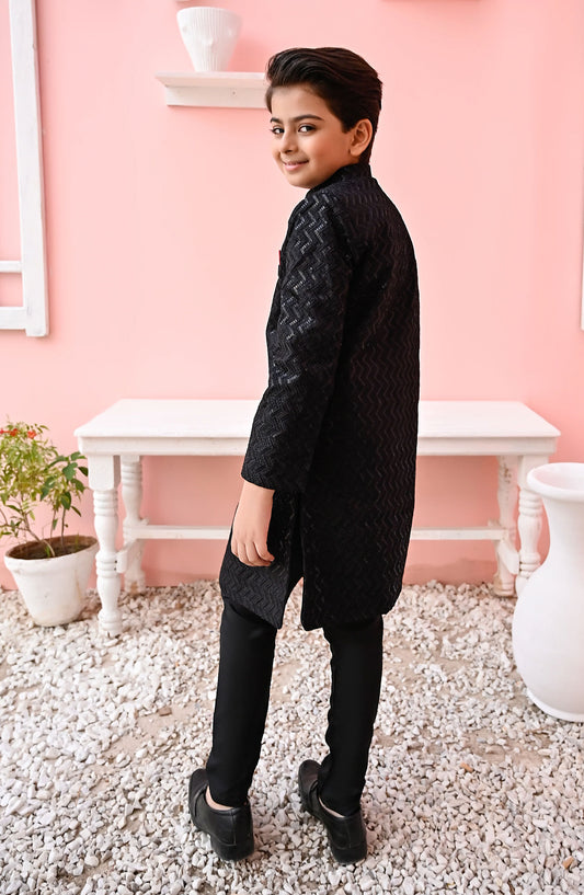 Exclusive Sherwani Collection By Hassan Jee - Black Sequence Zigzag Sherwani - S7
