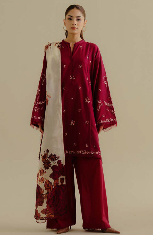 Coco by Zara Shahjahan Embroidered Lawn Unstitched 3 Piece Suit - D-04-B Velin - ZS25CLD2 - Magenta - Summer Collection