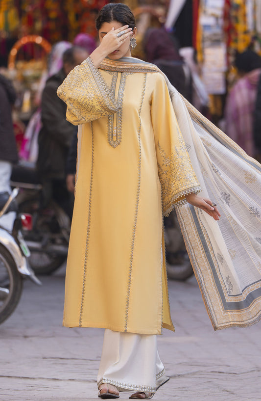Bazaar by Casual Lite Embroidered Lawn Stitched 3 Piece Suit - D-01 - CL25BSV2 - Yellow - Summer Collection